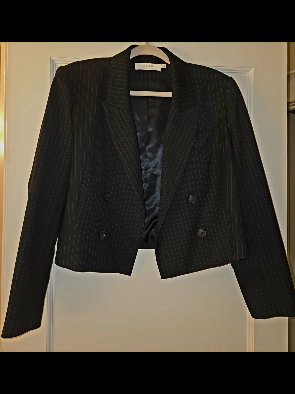 ASTR Black Pinstripe Cropped Double-Breasted Blazer